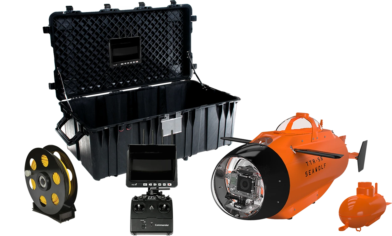 The Seawolf can be controlled using a tether (left) and can also transmit video from an attached buoy (right)