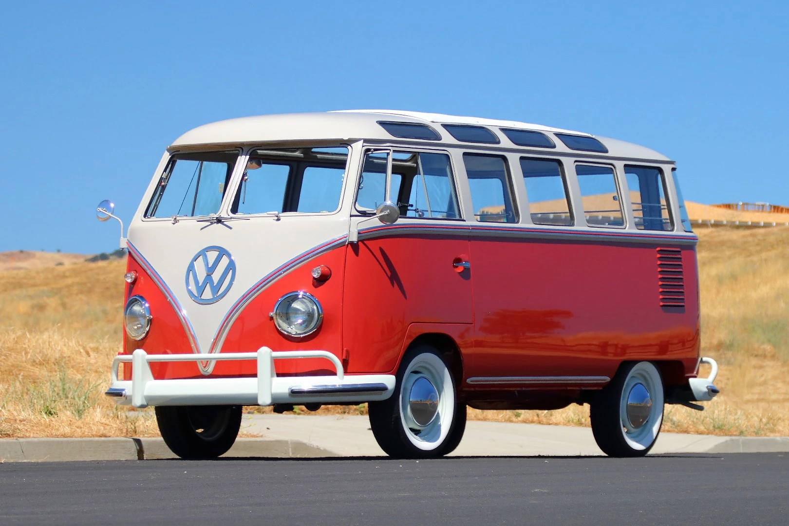 The "Woods Find" 1959 Volkswagen Deluxe 23-window Samba that will go to auction by Mecum on Friday, August 18, 2017 (Lot F86). The Samba has covered just 200 miles since a no-expense-spared rotisserie restoration, won 'Best Luxury Bus' at the Vintage Volkswagen Club of America Show on April 23 and comes with 400 photos charting its redemptive journey from being abandoned in the Oregon Woods to becoming one of the stars of the most prestigious automotive gathering on Planet Earth. Auction Description
