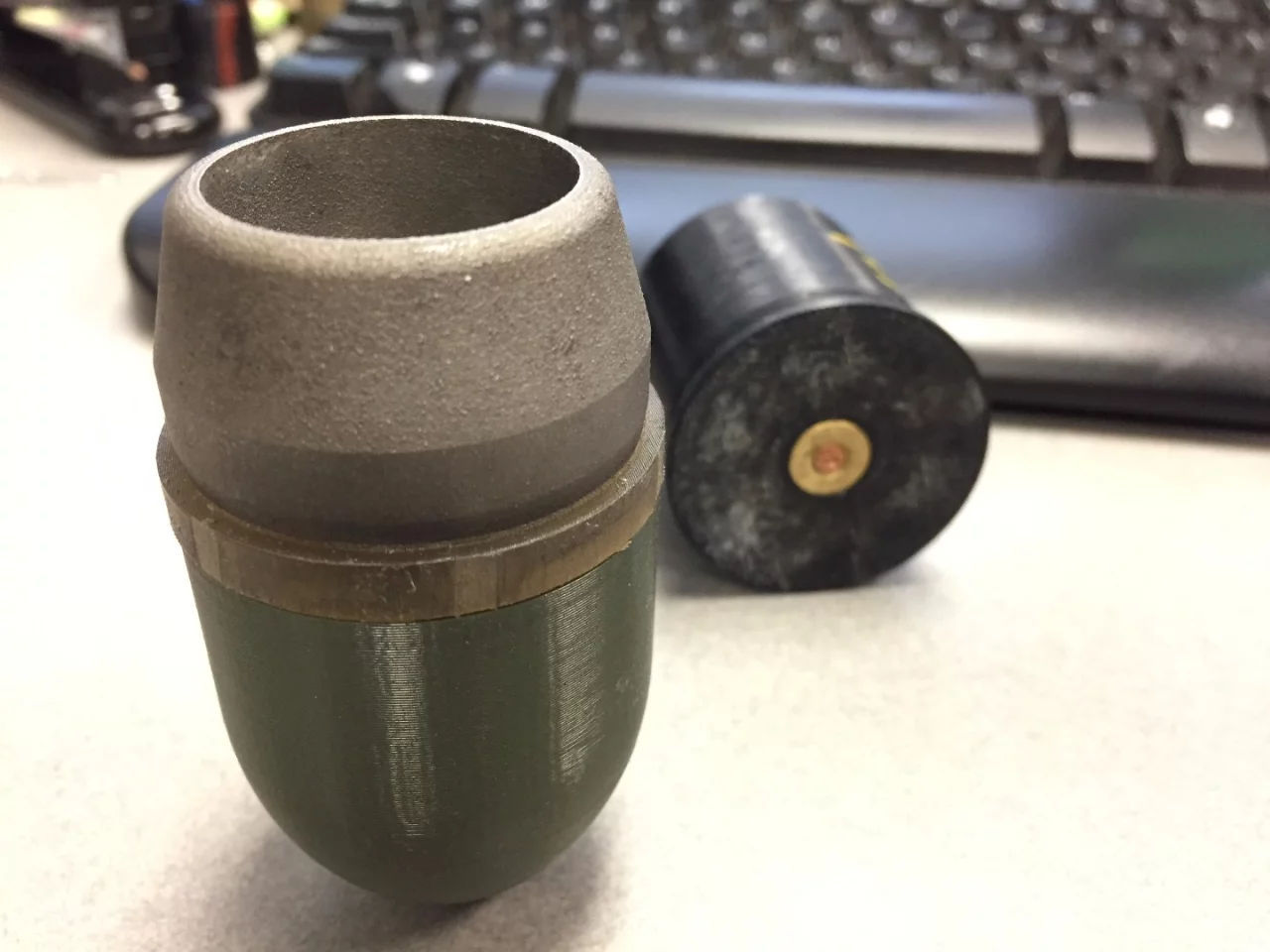 AM-printed rounds, like this one, were fired from the 3D-printed launcher at indoor ranges and outdoor facilities