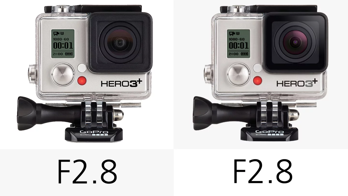 The GoPro Hero3+ cameras use F2.8 6 element aspherical glass lenses