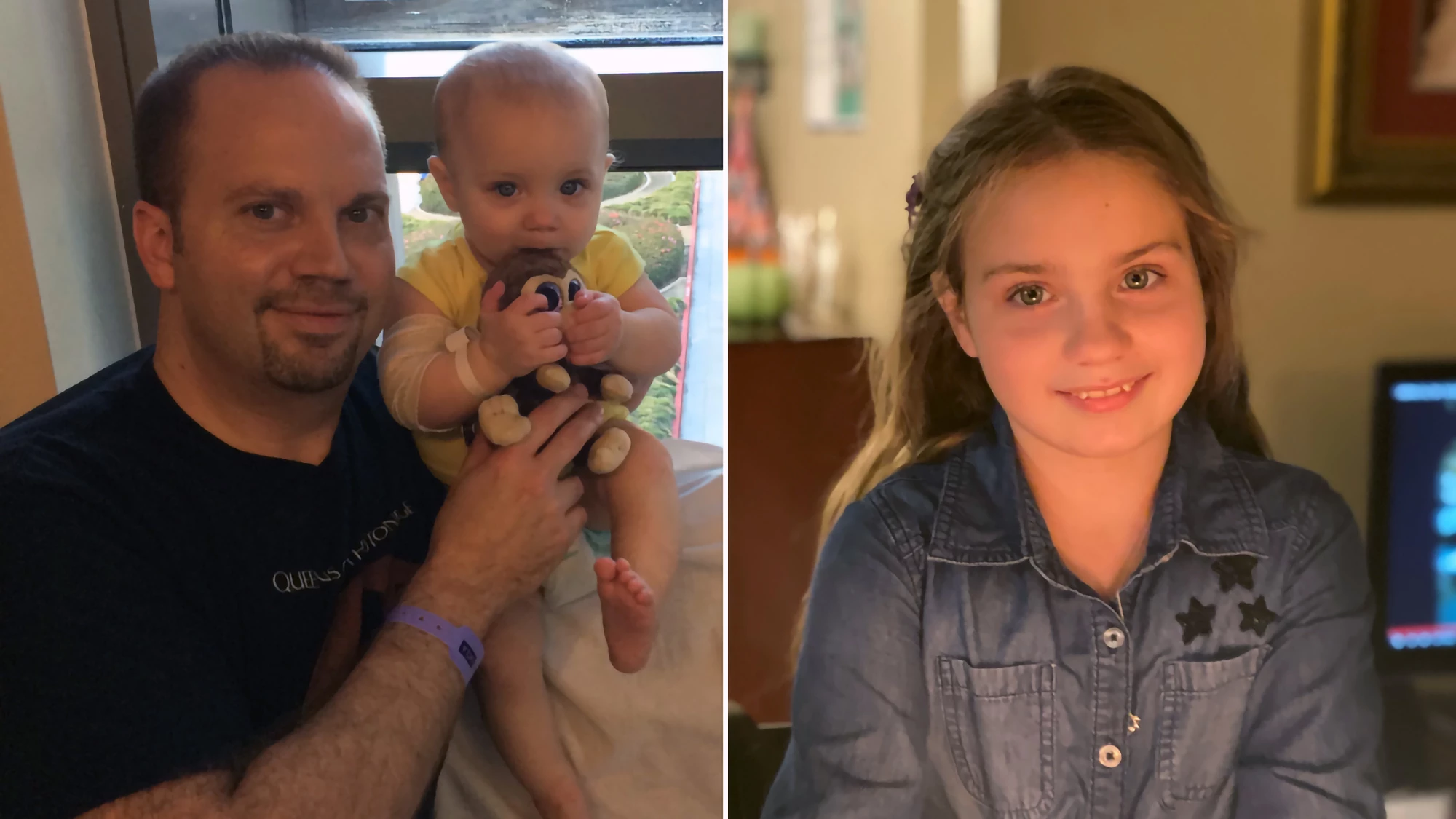 Eliana Nachem received gene therapy at 10 months (left) and is 11 now (right), free from living in medical isolation