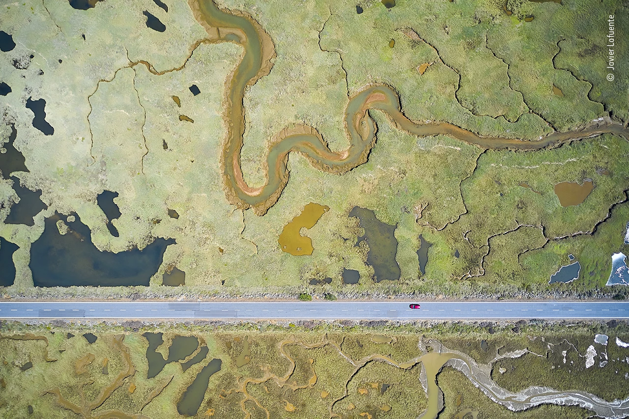 Winner - Wetlands, The Bigger Picture. Road to Ruin. DJI Mavic 2 Pro + Hasselblad L1D-20c + 10.3mm f2.8 lens 1/500 sec at f2.8 (+0.3 e/v) ISO 100.