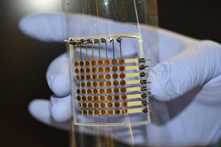 The current prototype incorporates a grid of 64 light-emitting pixels