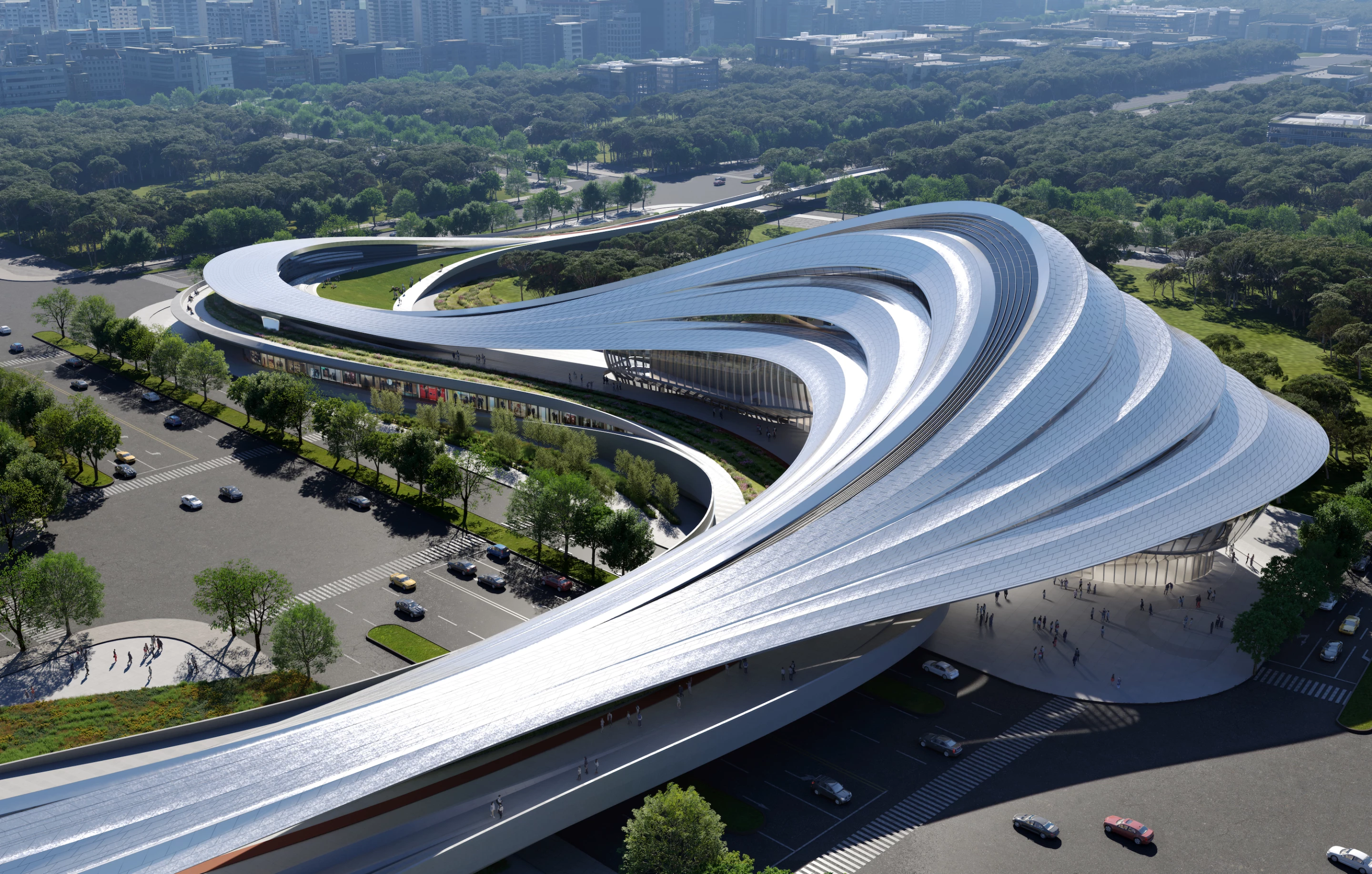 The Jinghe New City Culture & Art Centre's overall form is designed to maximize daylight inside