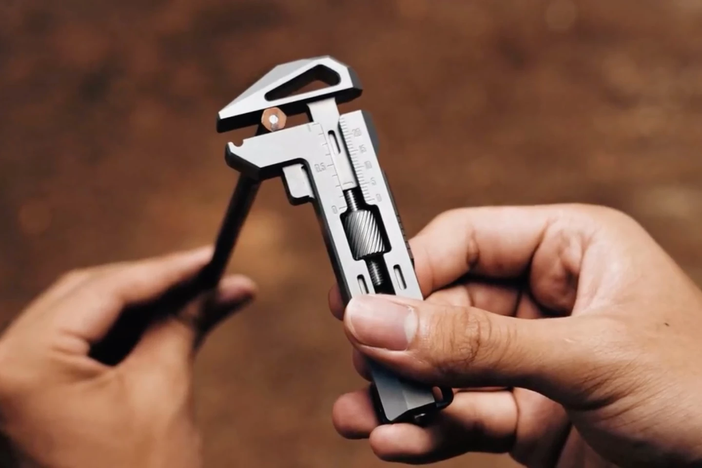 The adjustable wrench doubles as a caliper measure
