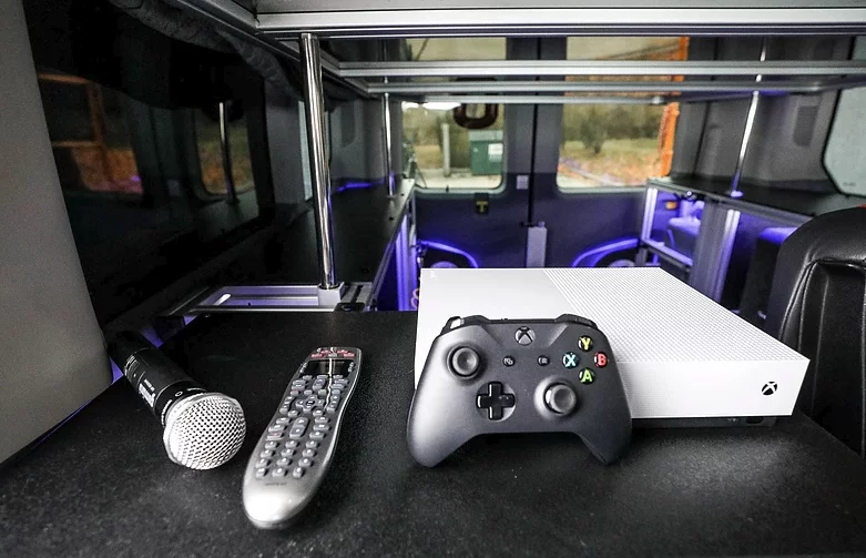 The entertainment box includes an Xbox and PA system