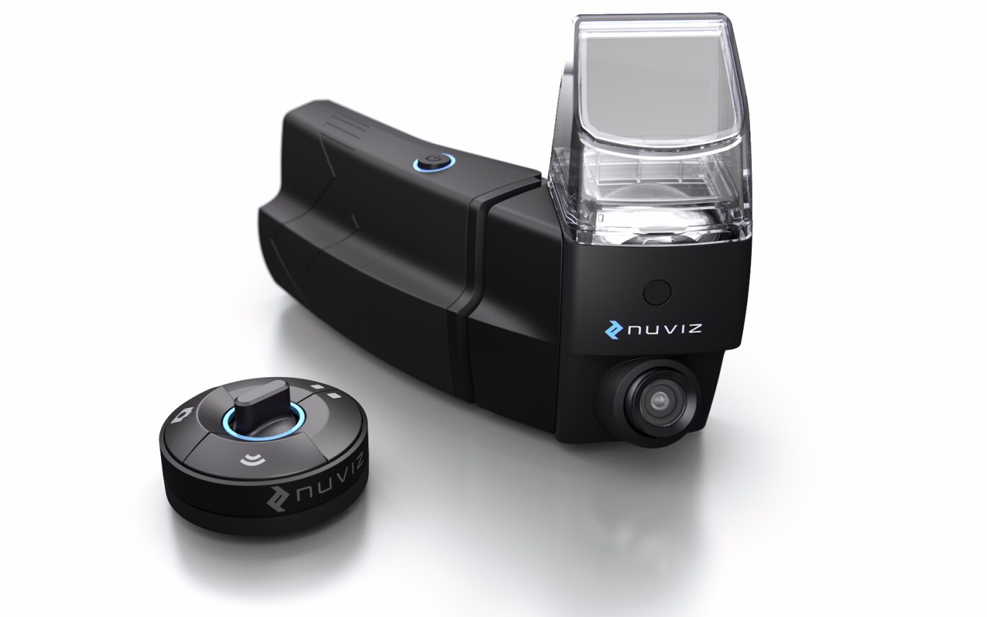 The Nuviz device features a unit that attaches to the chin bar of a typical full-faced helmet and a control unit that attaches to the handlebars
