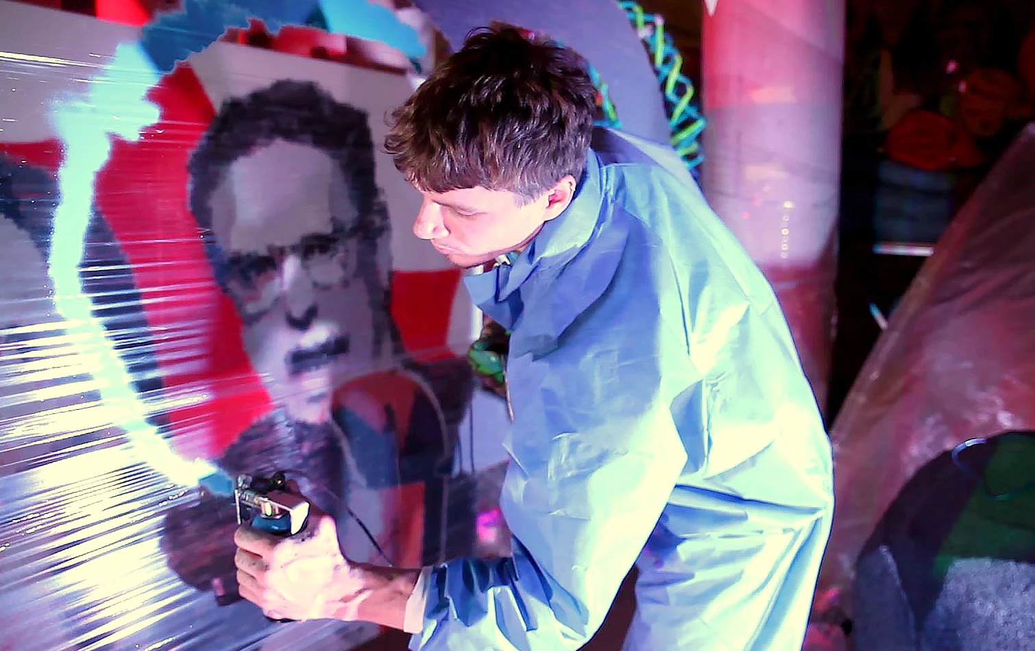 SprayPrinter allows users to create works of art using a blank wall or other surface as a canvas – here it is painting a portrait of Discovery Channel's Daily Planet co-host Dan Riskin