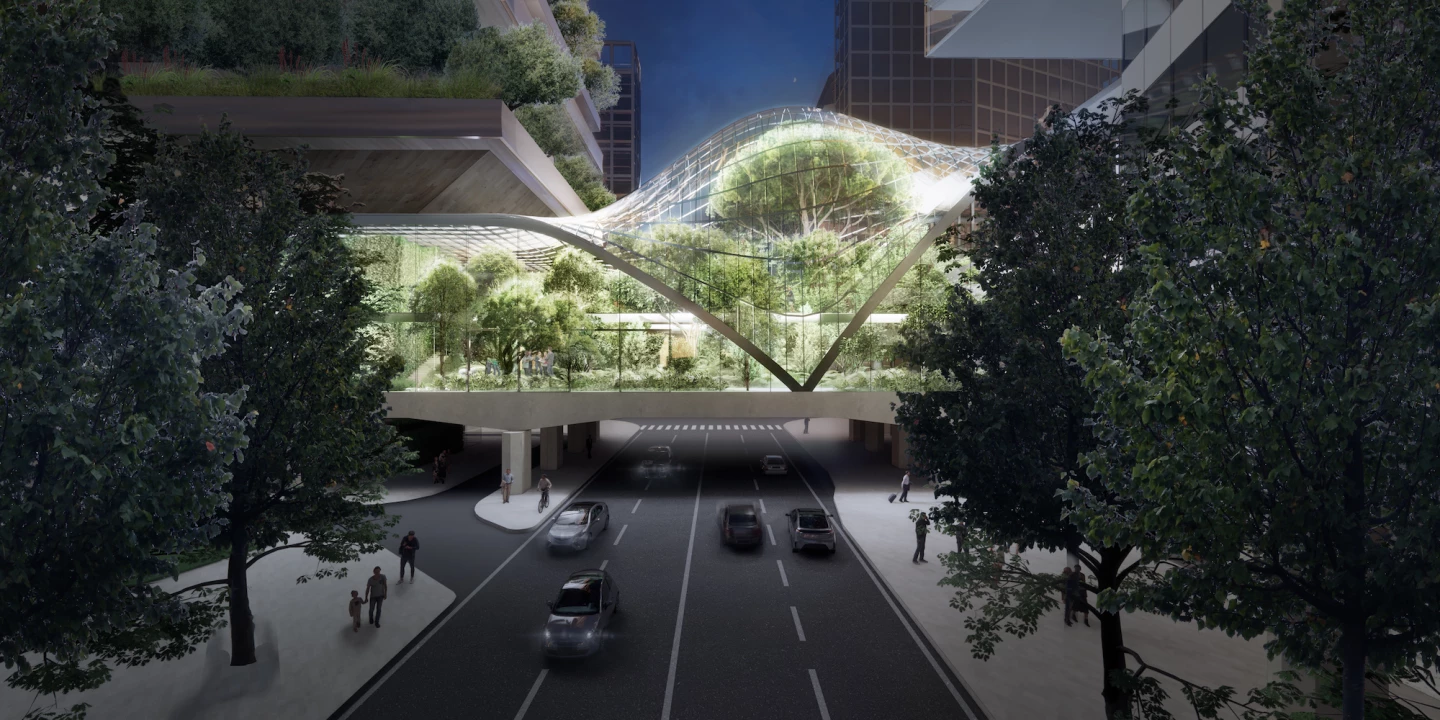 The old Pirellino office tower and the new greenery covered skyscraper will be connected by a greenery filled bridge