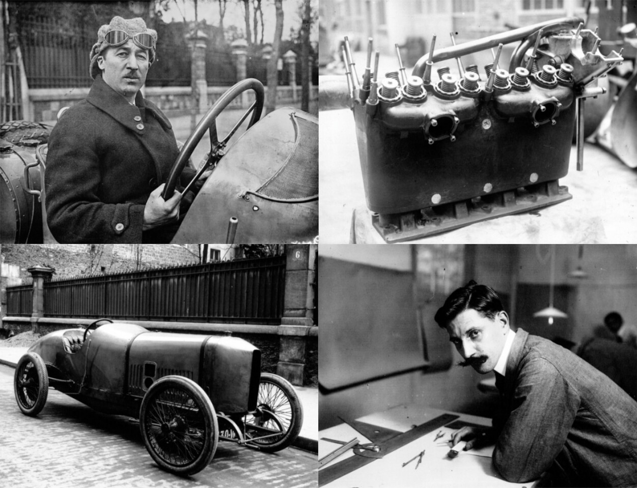Jules Goux (top left) was part of the four-man team which revolutionised engine design with the Peugeot Grand Prix racer of 1912. The team, led by Ernest Henry (bottom right), produced a DOHC, four-valve-per-cylinder 7.6-litre four-cylinder engine which first competed in the 1912 French Grand Prix, winning in the hands of Georges Boillot. Success came easily for the high-revving Peugeot design, with Goux winning the 1912 Coupe de la Sarthe and the Indianapolis 500 the following year.