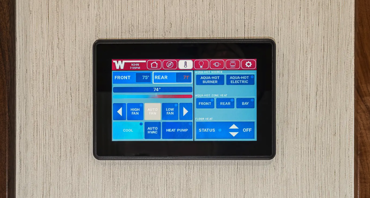 The Winnebago Connect smart control system works on the touchscreen or via mobile app