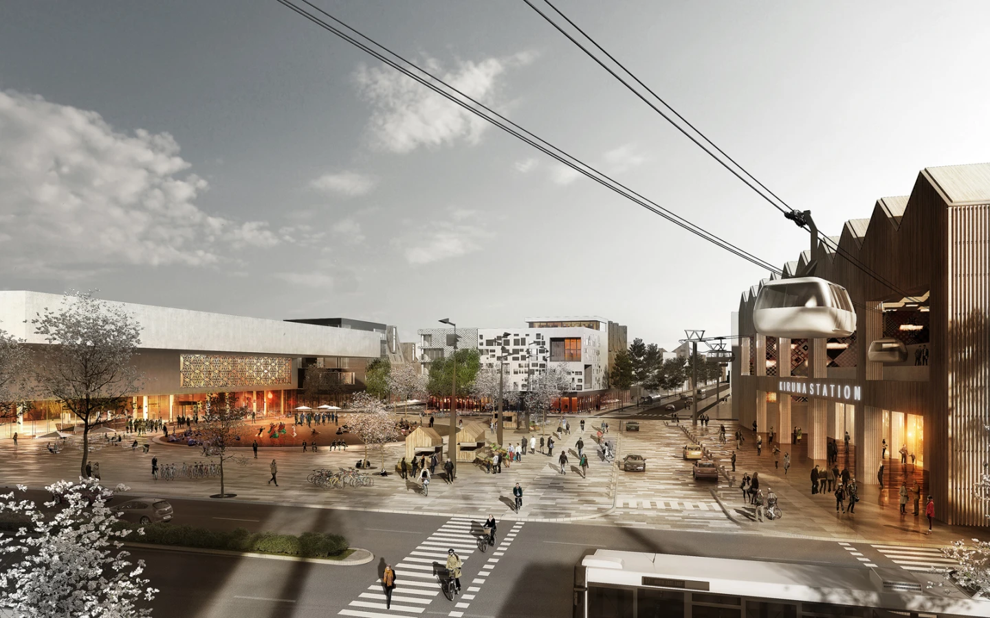 A rendering of the new town center of Kiruna shows the cable car which will carry workers over the unsafe ground to the mines, and take tourists over the Sami herding grounds (Image: White Arkitekter)