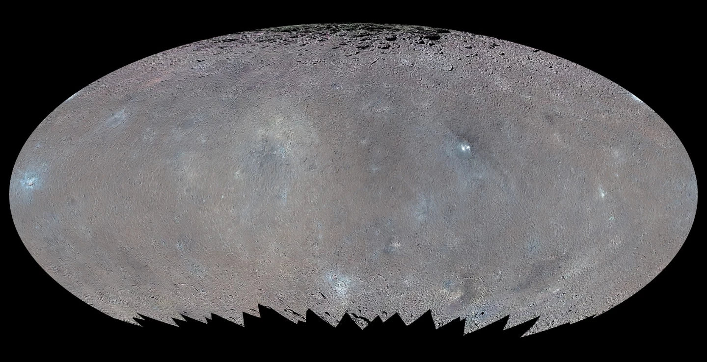 An enhanced color elliptical map of Ceres – the image boasts a resolution of 460 ft (140 m) per pixel, and includes infrared wavelengths of light ordinarily invisible to the naked eye