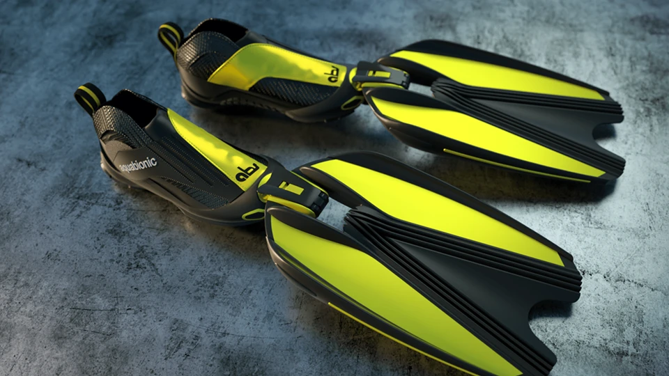 The aquabionic abs system consists of interchangeable blades that quickly bind to a set of aquatic shoes