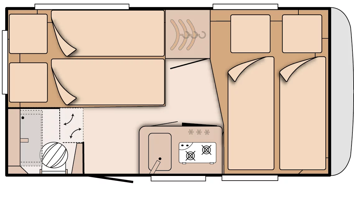 The Travelino is currently advertised in a 400 QL floor plan that sleeps four