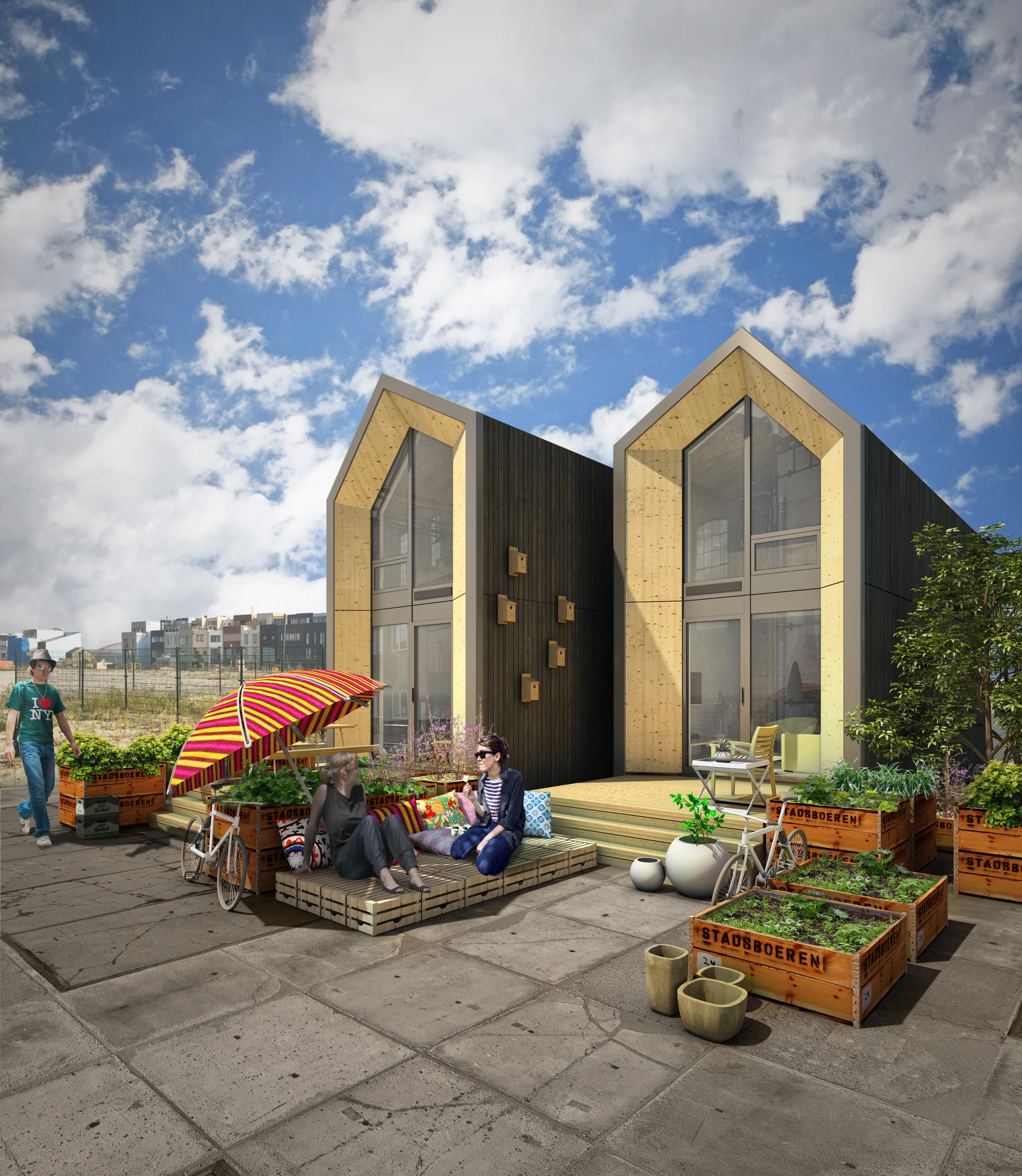 A render of the Heijmans ONE's porch being used