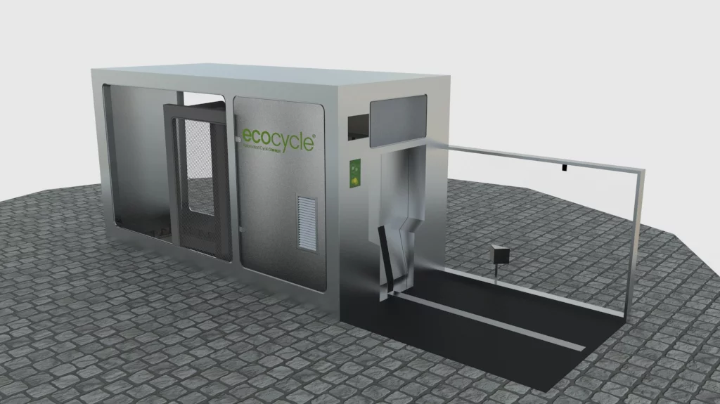 Each Eco Cycle machine features a pod section into which bikes are taken before being loaded into a slot within the storage tower