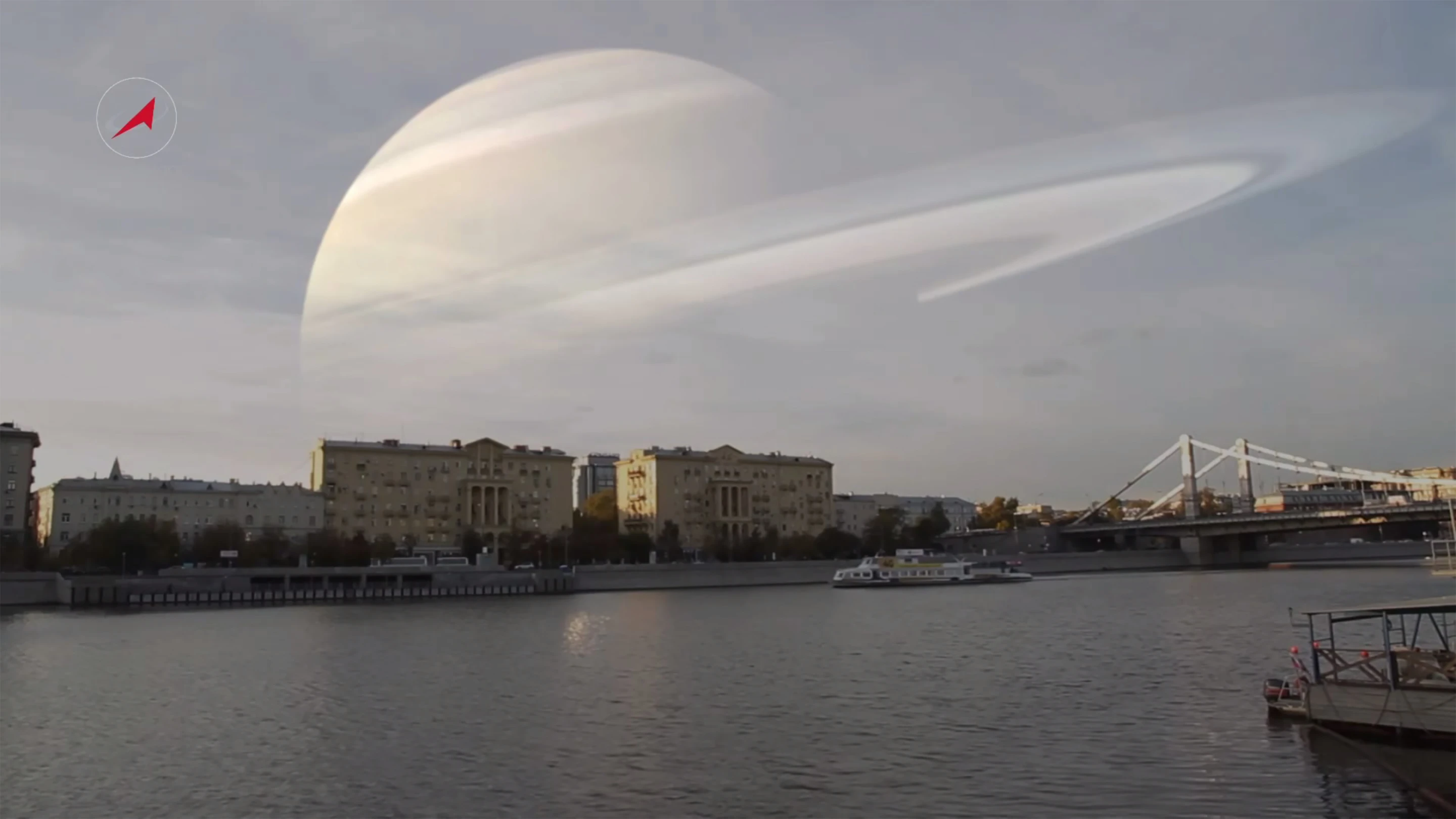 Roscosmos image showing the ringed planet Saturn in place of the Moon (Image: TV Roskosmos)