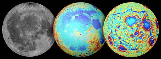 Earth's moon as observed in visible light (left), topography (center), and the GRAIL gravity gradients (right) (Image: NASA/GSFC/JPL/Colorado School of Mines/MIT