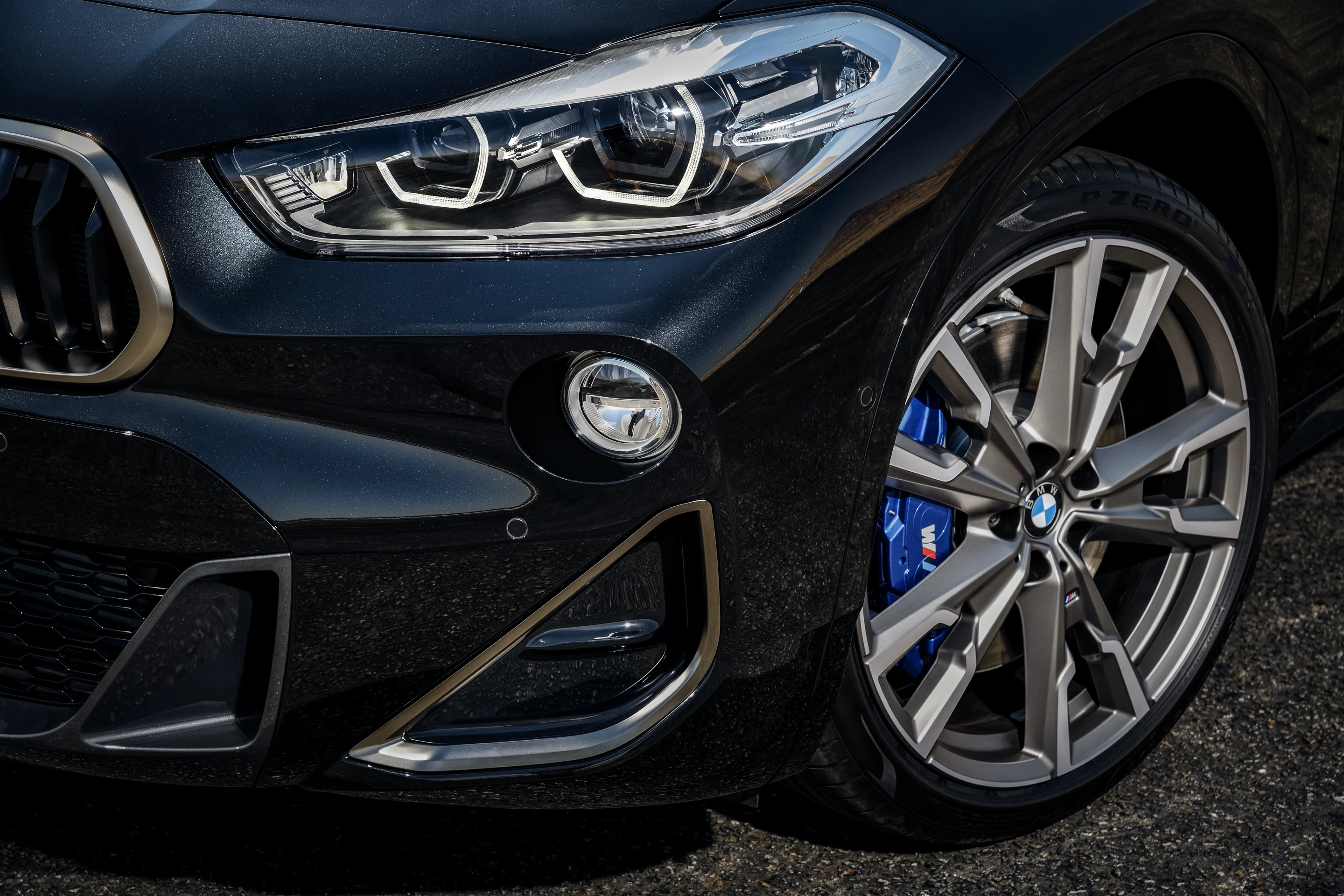 The BMW X2 M35I features upgraded headlights and fog lights