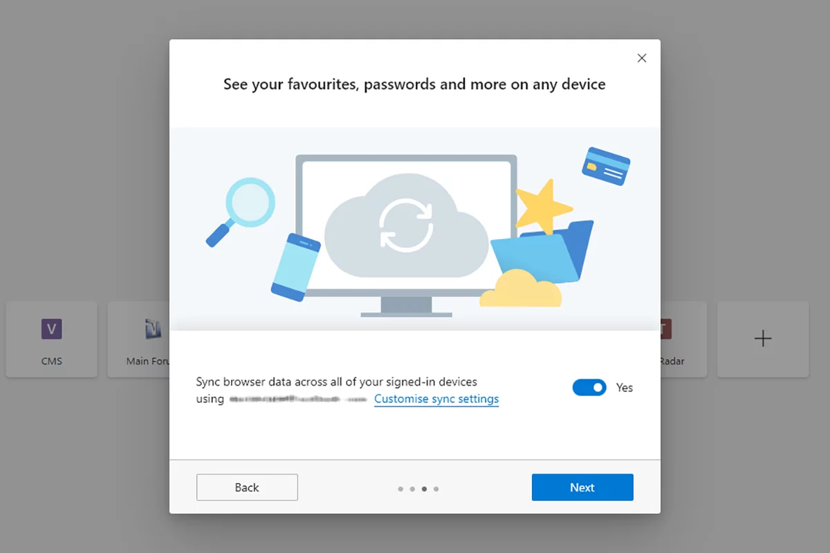 Edge lets you sync browsing data between devices with your Outlook email address