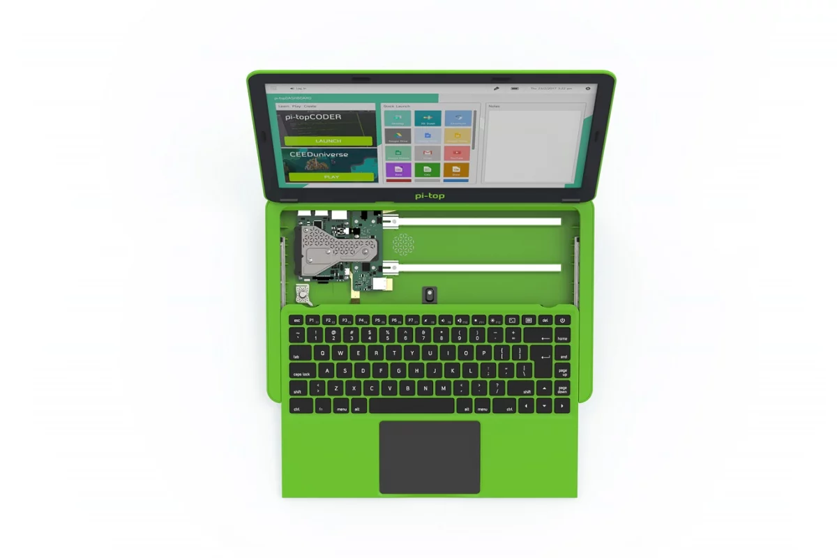 The pi-top's keyboard and trackpad module slides forward to reveal the inner workings of the laptop, and caters for quick swap-outs and component upgrades