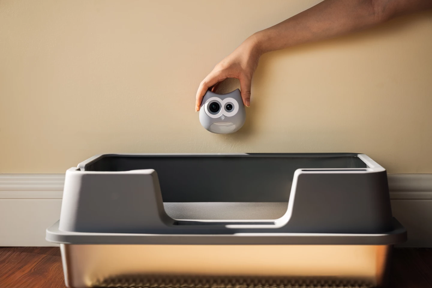 The LitterLens attaches easily to a surface above the litter