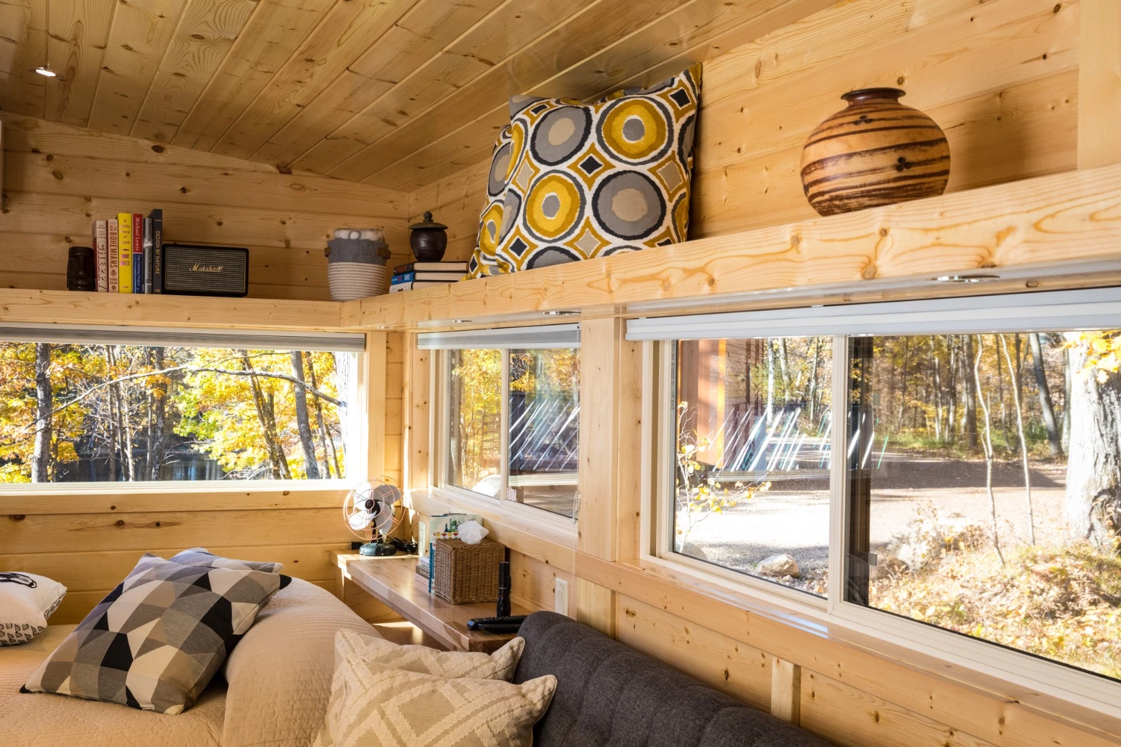 The Vista Boho has a long shelving unit for extra storage