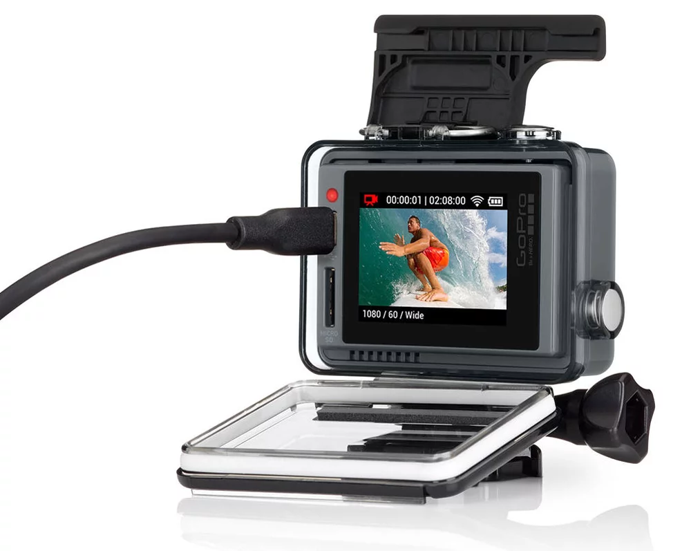 Users access the microSD and Micro USB port of the GoPro Hero+ LCD action camera via the rear Backdoor