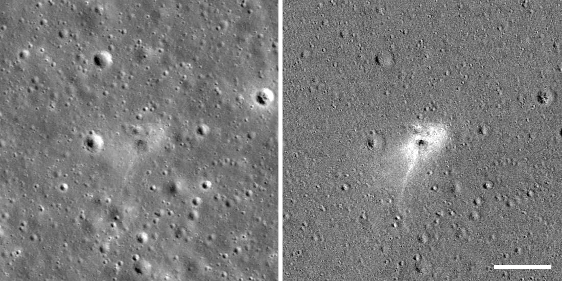 Left: Beresheet crash site, M1310536929R. Right: Ratio of after/before images enhancing subtle changes to brightness of the surface
