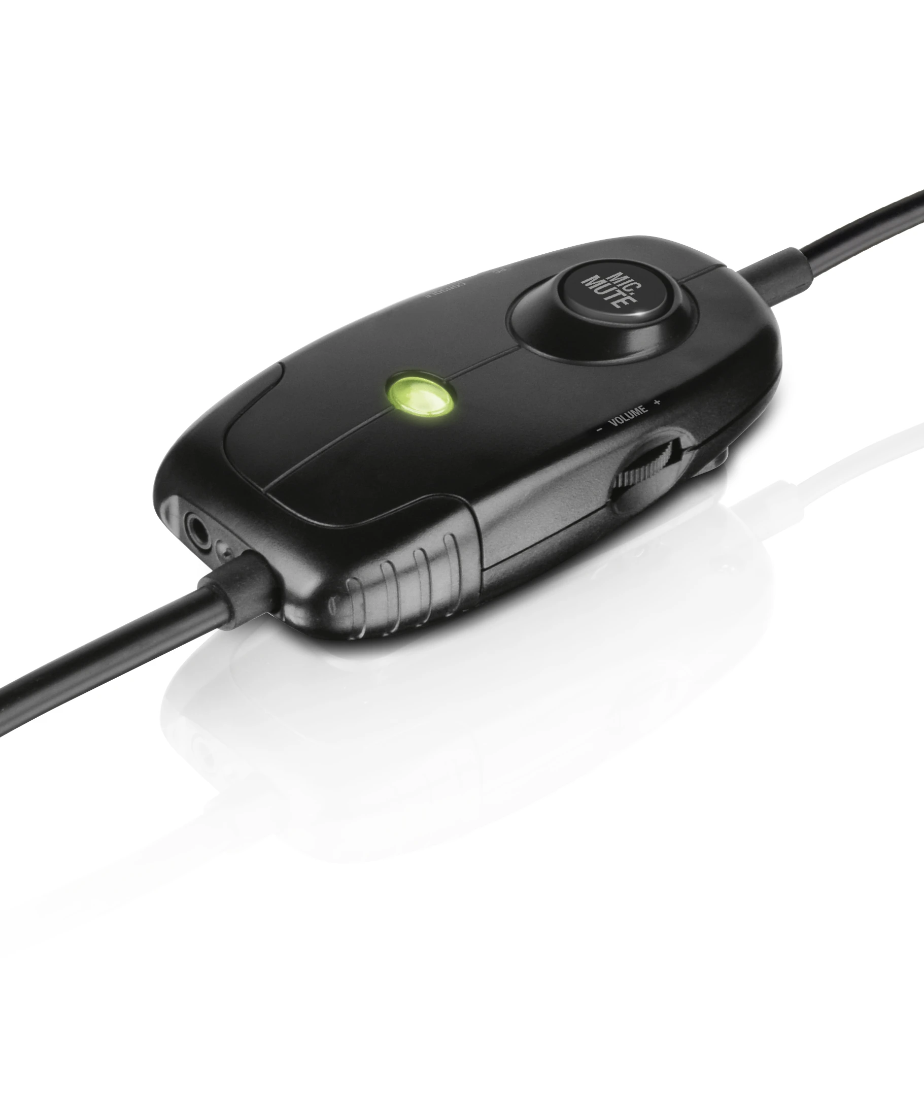 The inline controller is used for volume control and muting of the microphone, has a 2.5mm jack to connect the headphones to an Xbox 360's controller and includes connector technology for simultaneous playback through a TV