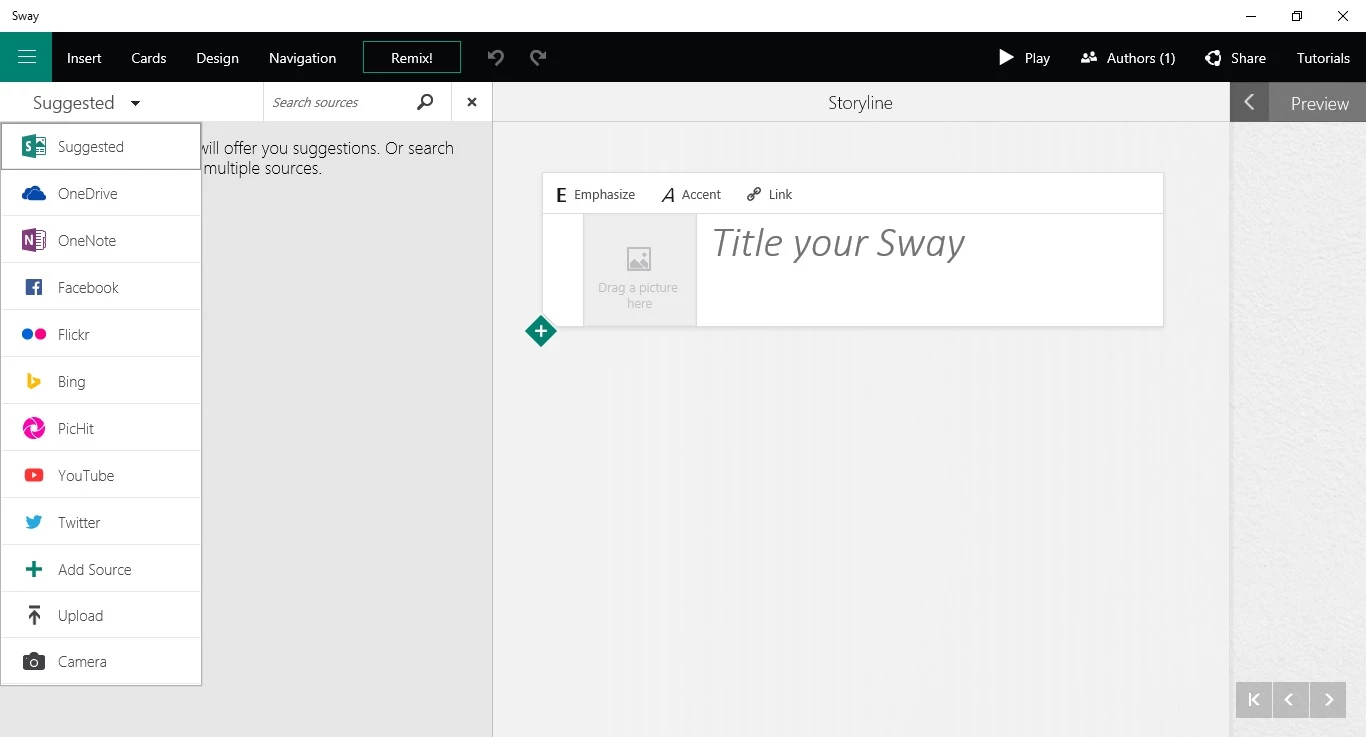 Content can be directly added to Sways from a number of sources