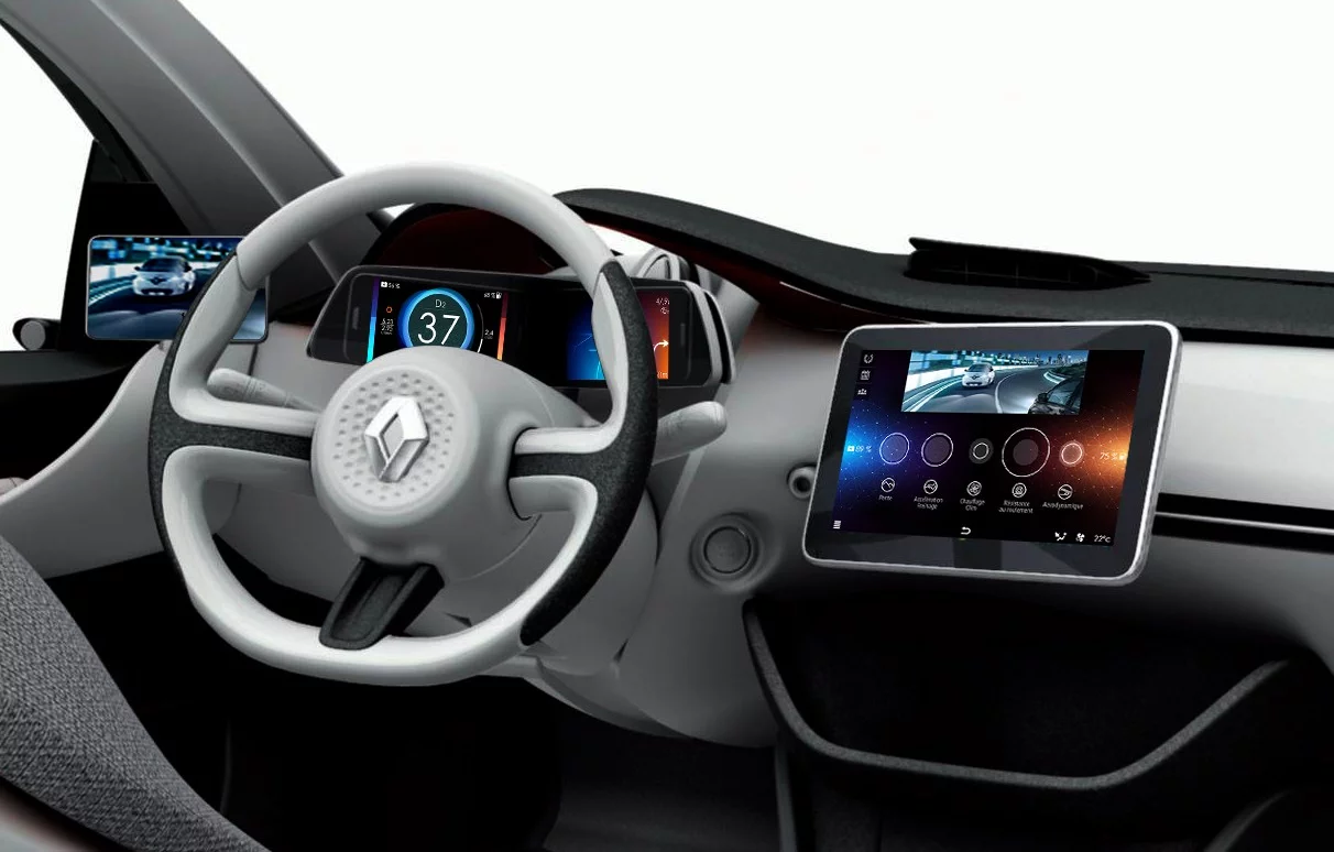 The EOLAB has two smartphone-sized displays on the height-adjustable instrument panel, one tablet-sized display in the center and rear-view displays in place of mirrors