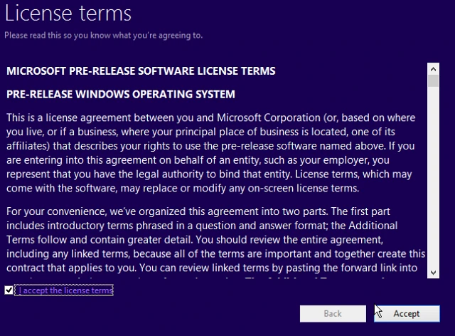Agree to the Windows 10 Tech Preview EULA