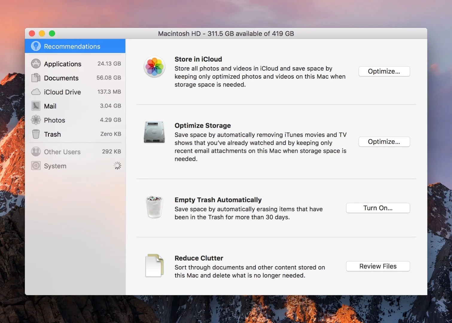 Sierra will even tidy up your disk drive for you