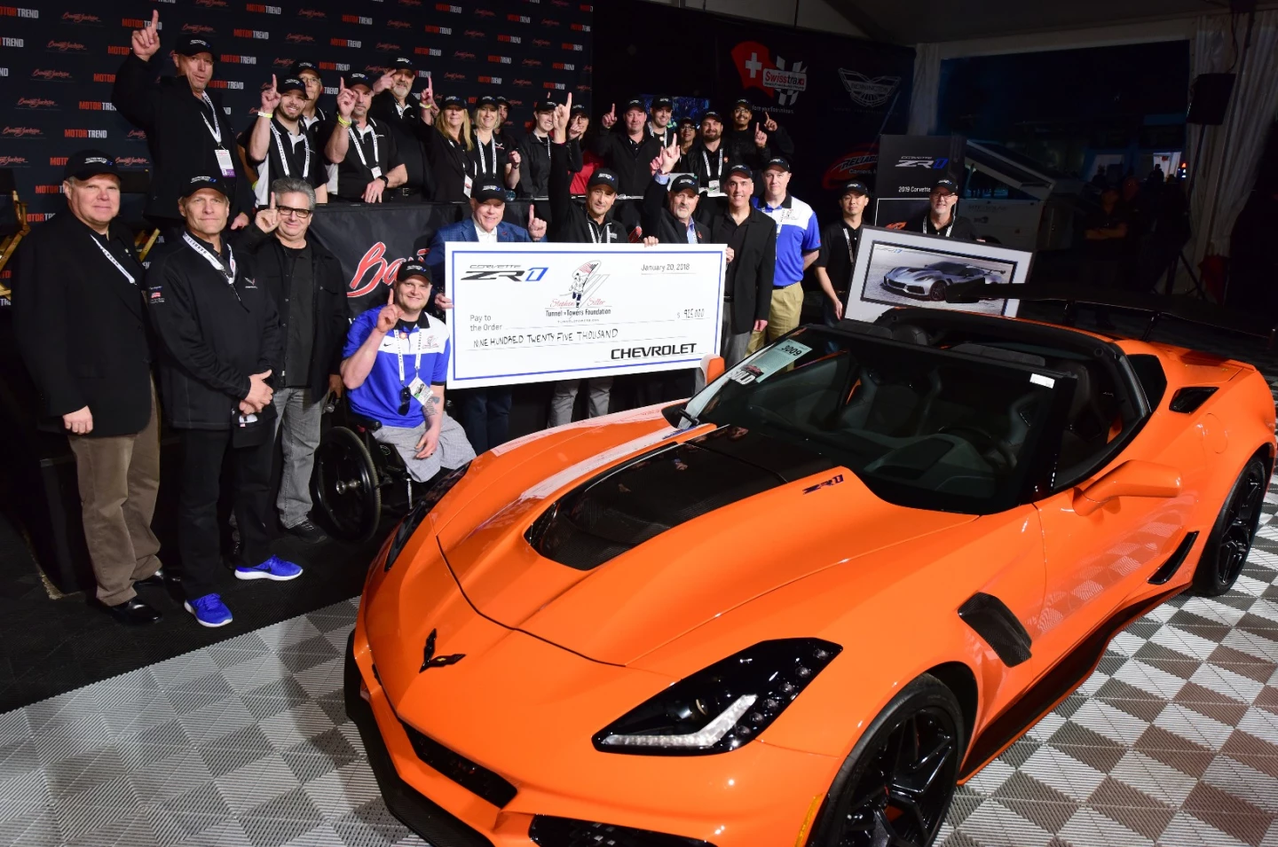 The fastest and most powerful Corvette ever made, the new ZR1 is the most advanced production Corvette yet. The LT5 6.2-liter V8 engine uses an intercooled supercharger that pushes 52 percent more air than the one on the Z06 to smash out a brutal 755 horsepower and 715 lb-ft of torque (563 kW / 969 Nm). It uses GM's first ever dual fuel injection system, and with four more radiators than the previous model, there's now a whopping 13 heat exchangers in the engine bay. Chevrolet has donated one of the new 2019 Corvettes to charity, and this is that car, which sold for $925,000 at Barrett-Jackson with all funds going to the Stephen Siller Tunnel to Towers Foundation