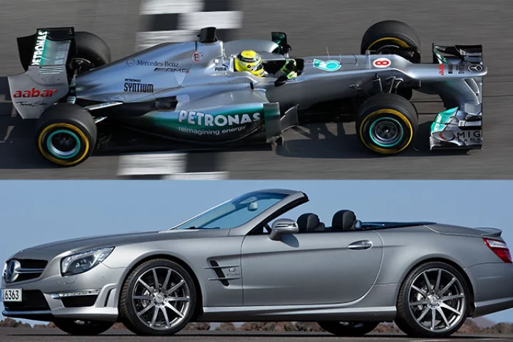 The Mercedes-Benz SL63 AMG and Mercedes AMG Petronas F1 car unveiled together