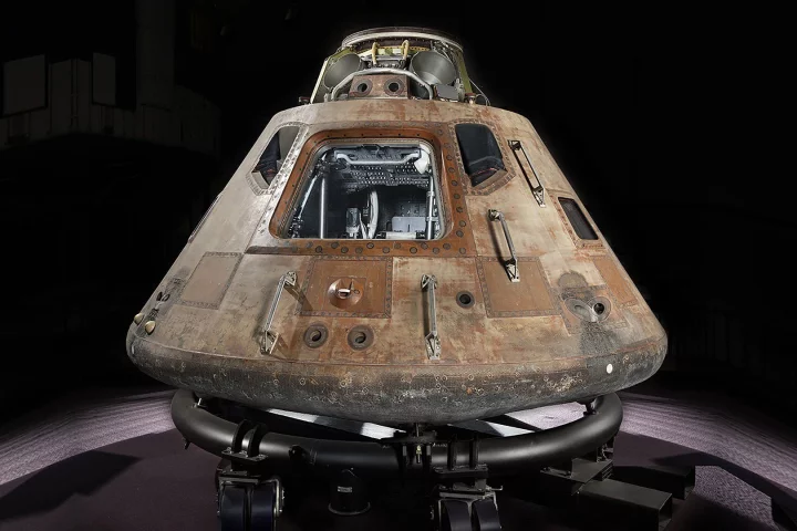 The Apollo 11 command module Columbia, shown here on a temporary cradle, which is set for a tour of the US