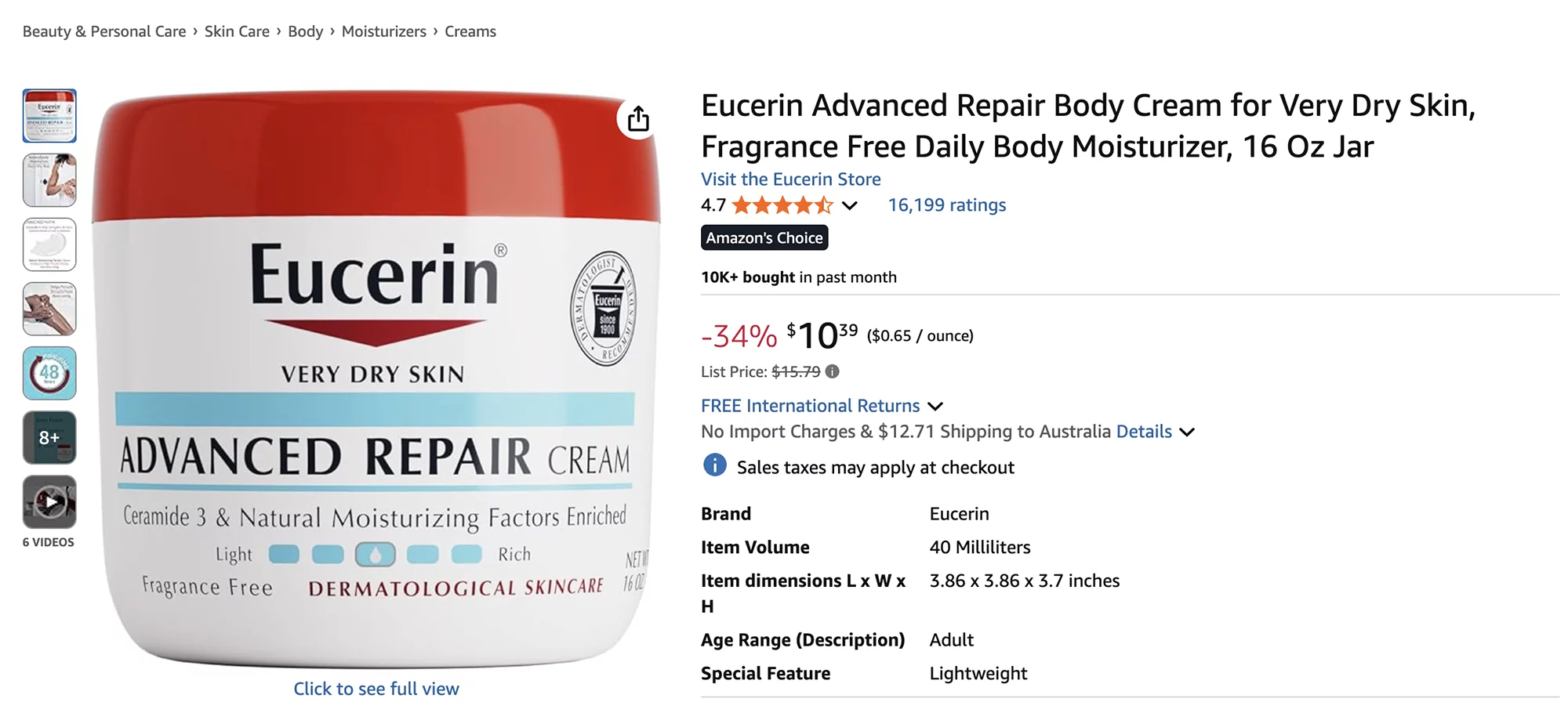 Screenshot of Amazon listing for Eucerin Advanced Repair Cream (price accurate at time of writing)