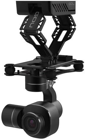 Other attachments available in the Universal Flying Platform include a funny stretching gimbal that expands to hold the attached camera lower than normal and avoid spinning propellors wandering into frame.