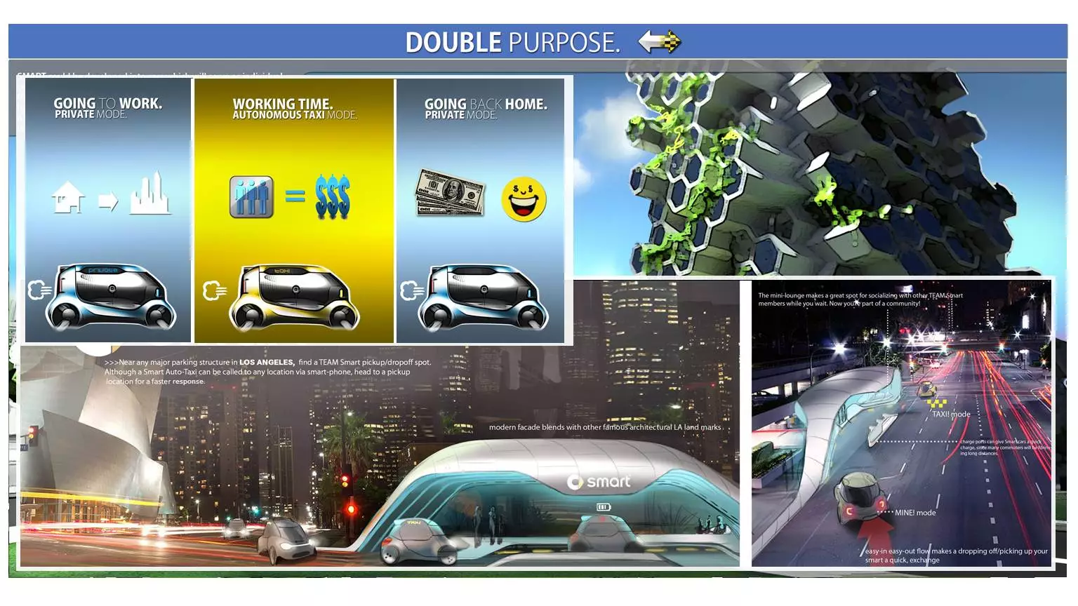 In the "Double Purpose" vision, the car switches seamlessly from private to public transport