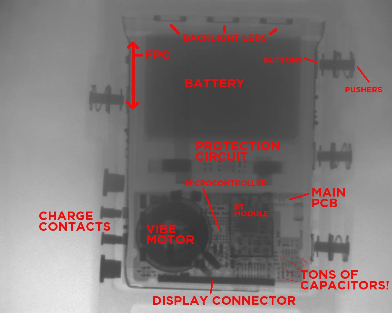 An X-ray shot of the inner workings of the Pebble Smartwatch