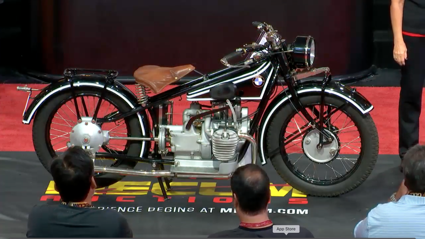 This 1929 BMW R62 was the first BMW 750cc model in just the sixth year of production for Bayerische Motoren Werke Motorrad. Beautifully restored. Estimate: $50,000 to $58,000 High Bid: $42,000. Official Auction Description