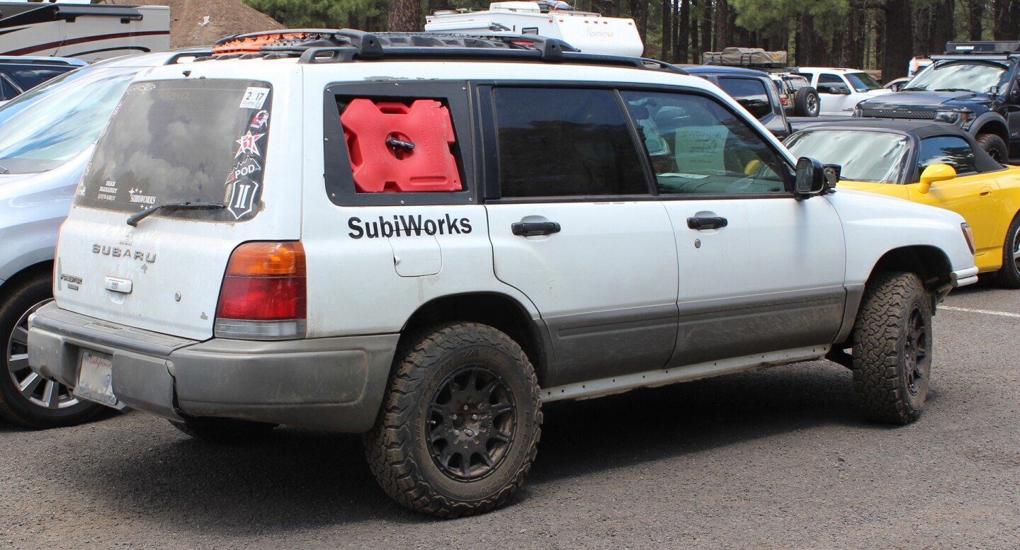 A fun thing about Overland Expo: the show starts as soon as you get out of the car. Here we saw an interesting storage solution on a rugged Subaru in the parking lot on our way to the show entrance