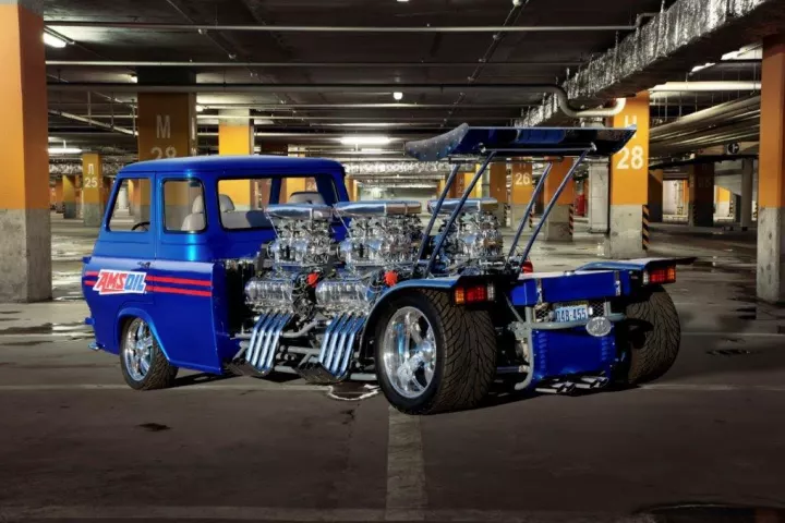 Just one of Gordon Tronson's many maniacal creations, this '62 Ford Econoline has four blown race engines in the back