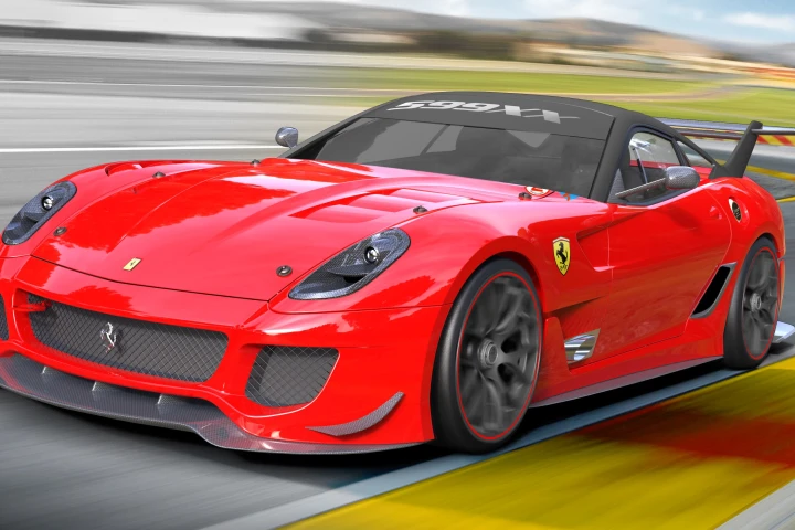 The new version of the Ferrari 599XX track car features a rear wing with electronically-rotating flaps
