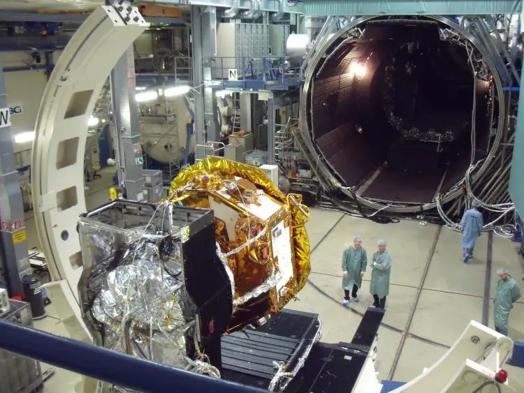 LISA Pathfinder preparing to enter the space simulator at IABG, Munich (Image: Albert Einstein Institute)