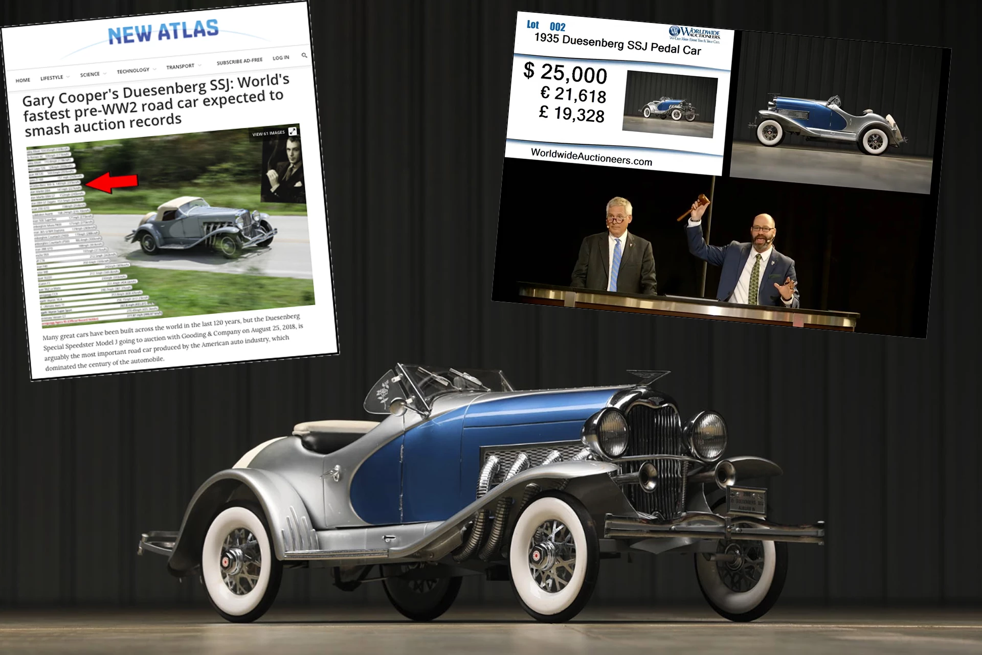 On the same weekend as the Junior Concours of Elegance on the other side of the Atlantic, Worldwide Auctioneers sold this Duesenberg SSJ Replica. The SSJ is one of the most remarkable cars ever built, and accordingly, it sold at Pebble Beach in 2018 for $22 million to become the most expensive American car in history. The replica sold by Worldwide was of great beauty and in unrestored but near perfect condition. It had been given to a small girl as a present and nearly 20 years later was sold to help pay for her education. Exquisite presents such as this can be a worthwhile investment on many levels. See the Image gallery for fine details of the Duesenberg SSJ Replica