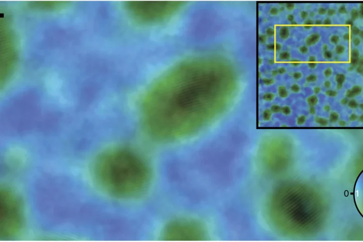 A ptychographic reconstruction of gold particles showing the atomic fringes (Image: University of Sheffield)