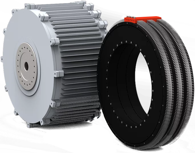 Size advantage: on the left, a standard 300-kilowatt radial flux direct drive generator. On the right, three stacked 100-kilowatt Magnax motors offering superior efficiency